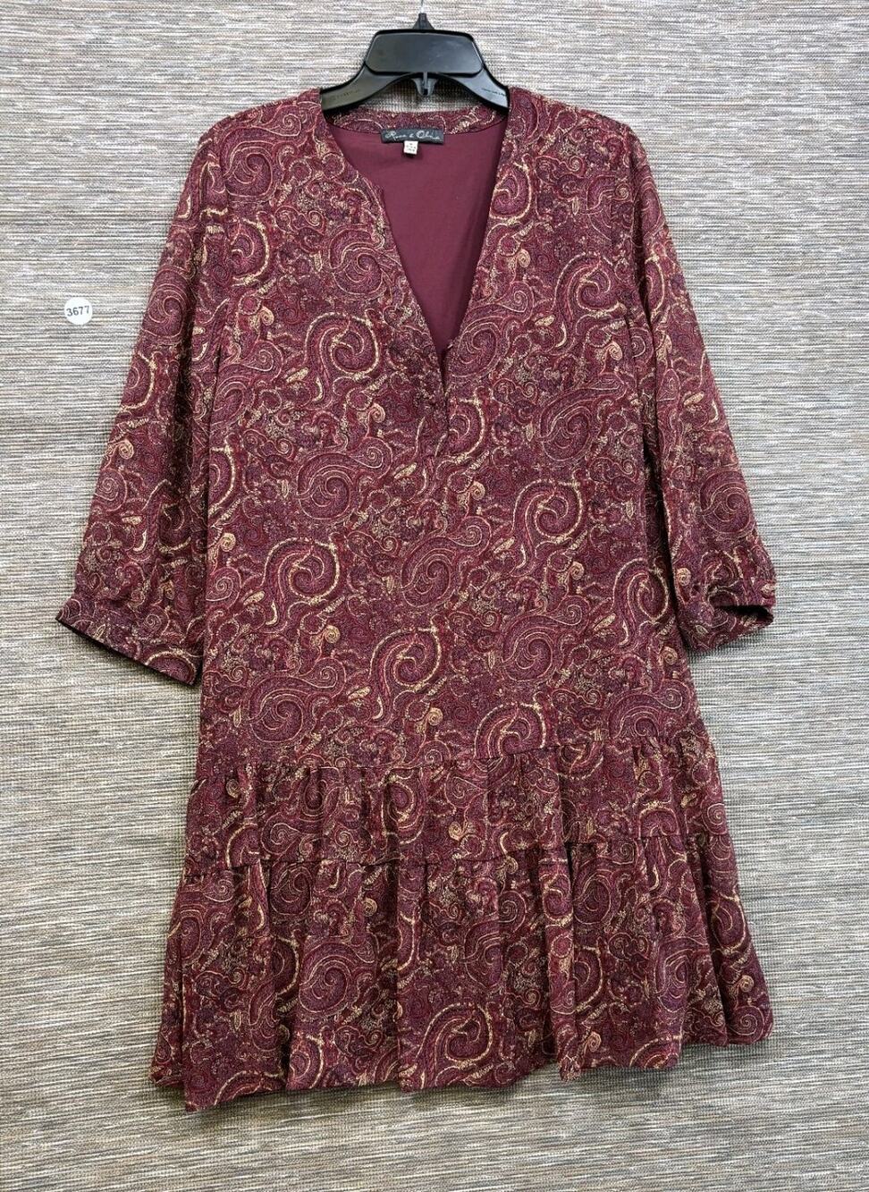 Rose & Olive Paisley Dress Womens Size M 3/4 Sleeve Tie Waist Chiffon Ruffle Hem
